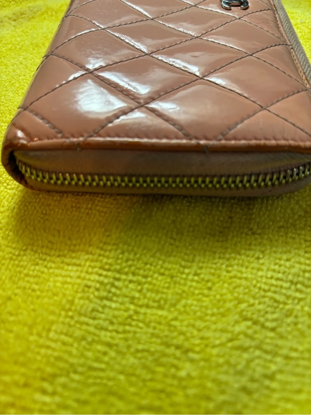 Authentic Chanel Matelasse Brilliant Patent Leather Zip Around Long Wallet Pink